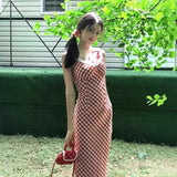 Red Lattice Dress Women Summer French Sweet Design Lace Splicing V-Neck Waist Holiday Sling Skirt