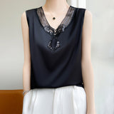 Silk Satin 2026 Spring And Summer Women's New V-Neck Mesh Splicing T-Shirt Solid Color Buffet Korean Version Of Sleeveless Vest