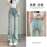 High-Rise Hole Micro-Horn Jeans Women's Spring Summer 2025 New Hair-Throw Slimming Horseshoe Horn Pants