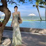 French Beauty Slings With A Dress Summer Fairy Mesh Print Temperament Lanky Seaside Holiday Dress