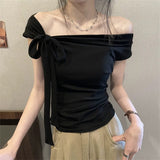 Pure Desire A Word Shoulder ~ Design Feel Shoulder Hanging Neck Short Sleeve T-Shirt For The New Summer Slimming Tset