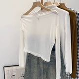 2025 Thin White Slanted Shoulder Loose Hoodie Women's High-Grade Feeling Pure Word Shoulder Long-Sleeved T-Shirt On The Shoulder