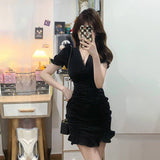 Black V-Neck Bubble-Sleeved Dress Women's Summer Niche Design With Fishtail Dress Korean Style