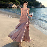French Senior Birthday Party Dress Dress Light Luxury Small Toast Wine Red Folds Slings Fishtail Skirt