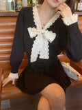 New Year Red Sweet Lace Sweater Coat Women Autumn And Winter Bow Tie With Open Shirt On Top