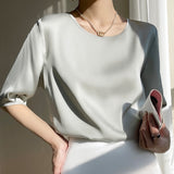 Airable Silk Satin 2026 Spring And Summer New Women's Round Collar Loose Solid Color Acetic Satin Noodles T-Shirt