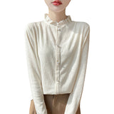 New Silk Velvet 2026 Spring And Summer New Women's Short Wooden Ear Half-High Tie Wnitted Shirt Knitted Bottom Shirt Top
