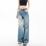 Vintage Hole Wide-Legged Jeans Women 2025 Summer Thin New Loose Straight Casual Relaxation Feeling