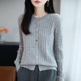 100% Pure Wool 2026 Autumn And Winter New Women's Loose Collar Twisting Buckle Bottom Top Knitted Open Shirt Coat