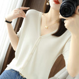 Ice Silk Breathable 2026 Spring And Summer New Women V Neck Thin Top Five-Sleeve Sleeve Sleeves Pure Color Temperament Knitted Shirt