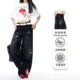 Black Star Print Wide-Legged Scissors Jeans Women Autumn New Niche Design Sense Loose Water Wash Trousers
