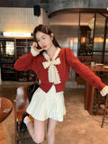New Year Red Sweet Lace Sweater Coat Women Autumn And Winter Bow Tie With Open Shirt On Top