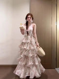 Morning Dew Cere Garden French Resort Wind Heavy Industry Print Hanging Neck Chiffon Cake Dress Women V Collar Bareback Dress