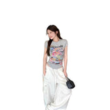 Sweet Cool Hottie Irregular Cartoon Printed Short-Sleeved T-Shirt Girl Summer Waist Tight Shoulder Short Blouse