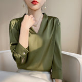 Silk Satin 2026 Summer Women's New Short Satin Shirt V Collar Simple Nine-Sleeve Temperament Match French Top