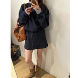Korean Casual Sports Set 2025 Autumn And Winter Cuff Lattice Spliced Round Collar Collar Eds + Skirt Two-Piece Set