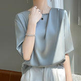 Silk Satin Paste Acetic Acid 2026 Spring And Summer New Women's Five-Sleeve Collar Loose T-Shirt Short-Sleeved Top