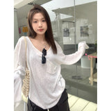 White Thin Sun Protection Shirt Long-Sleeved T-Shirt Girls Summer Lazy Wind Dancing Inside The Bottom Shirt Loose Top