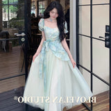 Tea Break French Sweet Fresh Dopamine-Sensitive Dyeing Printing Splicing Mesh Screen To Collect Two Dresses