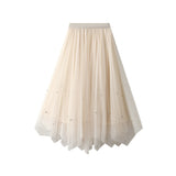 Nail-Beaded Mesh Dress Girl's New High-Waisted Thin Irregularly Folded Skirt A-Shaped Skirt 9816
