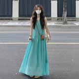 French Hollow Sling Dress Women Summer Seaside Resort Beach Dress Folded •ÃÖåã¼ÀÁËÉ Pine Feeling Long Skirt