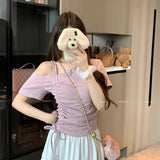 Design-Sense Collared Bare Shoulder Drawstring Top Women's Summer New Slimming Niche Small Collection Thin Short-Sleeved T-Shirt