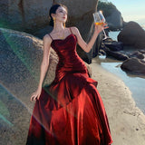 French Senior Birthday Party Dress Dress Light Luxury Small Toast Wine Red Folds Slings Fishtail Skirt