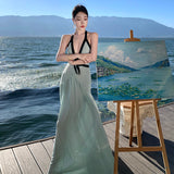 Beautiful Dopamine Atmosphere Holiday Wind Mint Green Hanging Neck Deep V Chest Hollow Back Temperament Slings Long Skirt