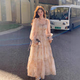French Style Collar Bubble Sleeve Chiffon Floral Dress Women's Spring And Autumn Fairy Dress First Love Gentle Fengsen Long Dress