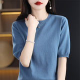 100% Cotton Sweating 2026 Spring And Summer New Round Collar Through Short T-Shirt Solid Five-Sleeve Temperament Knitted Shirt