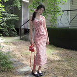 Red Lattice Dress Women Summer French Sweet Design Lace Splicing V-Neck Waist Holiday Sling Skirt