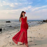 French Beautiful Irregular Lotus Leaf Side Red Sling Dress Female Summer Seaside Atmosphere Temperament Dress