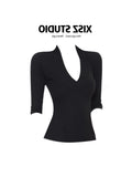 Hottie Style Black V-Neck Mid-Sleeve T-Shirt Girl Spring And Summer New Slim Slim Tops Comfortable Shoulder-To-Shoulder Shirt