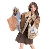 Vintage Hair Spliced Velvet Coat Woman 2025 Autumn And Winter Merad Plus Thick Horn Buckle Unique Super-Look