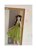 Bohemian Two-Piece Green Tuxedo Sleeveless Sling Dress Woman Summer Dopamine Skirt