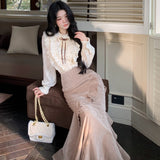 Rich Family Gold Suit Women's New Spring New French Temperament Shirt Fish Tail Half Skirt Two Sets