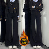 Black Micro-Horn Jeans Women 2025 Autumn And Winter New Small High-Waisted Hanging Feeling Do Not Stick To Leg Broad Leg Horn Pants