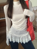Ballet Style Lace Lace Under The Bottom Of The Bottom Shirt Women's Spring Spring New Fat Mm Folded Clothes Thin Long Sleeves T-Shirt