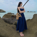 Blue Lattice Tset Dress Women's Summer Vacation Sexy Open Fork Dress Beautiful Dress Seaside Skirt