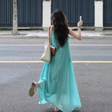 French Hollow Sling Dress Women Summer Seaside Resort Beach Dress Folded •ÃÖåã¼ÀÁËÉ Pine Feeling Long Skirt
