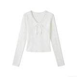 2026 Spring And Autumn Korean Version V-Neck Pure Desired Lace Stitched Cross-Lace Long-Sleeved Bottom T-Shirt Short Top Woman