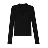 Spice Girl Sexy V-Neck Elastic Slim Slim Polo Shirt Retro Pure-Sleeved Bottom Shirt T-Shirt Top