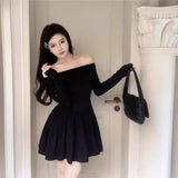 One-Word Shoulder Long-Sleeved Dress Women's Spring 2025 New French Name Wind To Close The Waist Thin And Fluffy Small Black Dress