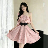Sweet Girl Wind Pink Oblique Shoulder Dress Girl Early Spring New Wave Lotus Leaf Side Bow Bow Waist Skirt