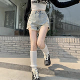 Hole-Hole Denim Shorts Women Summer New High-Rise Slim Back-Haired Hot Babes A Word Wide-Legged Hot Pants