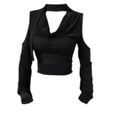 Pure Hot Girl Out-To-Shoulder V-Neck Hollow Bottom Shirt Autumn New Wasteland Black Long-Sleeved T-Shirt Short Top Tide