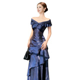 French Light Luxury Blue Shoulder Dress Niche Fishtail Long Dress Senior Year Party Birthday Dress
