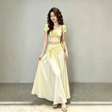 Beautiful Small Set 2026 Super Fire Age Reduction Temperament Mature Design Yellow T-Shirt Spliced Skirt Suit