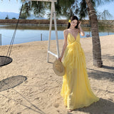 Yunnan Seaside Holiday Style Dress Women Summer Seaside Temperament Hanging Back Yellow Dopamine Dress