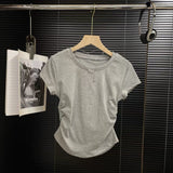 Summer 2025 Shoulder T-Shirt Women To Folded Short Sleeves Irregular Sweet Spicy Thin Little Man Round Collar Short Top